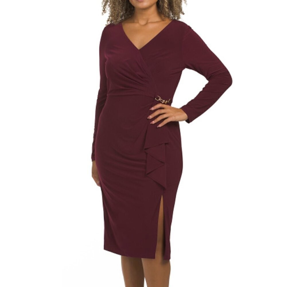 NWT $98 ADRIANNA PAPELL Long Sleeve Faux Wrap Stretch V-Neck Dress Burgundy Sz10